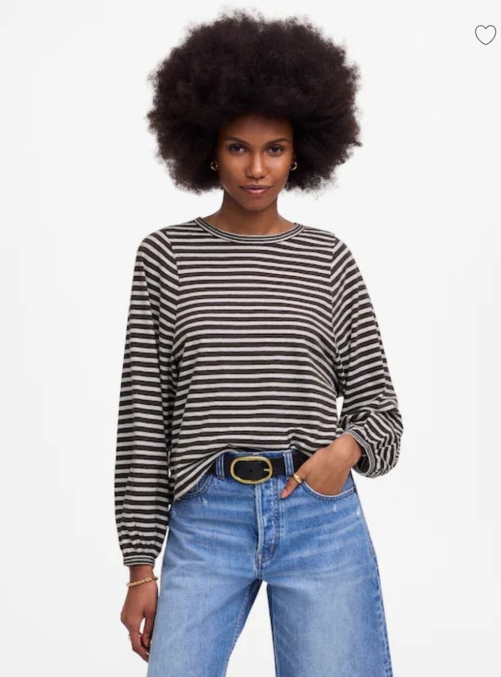 NWT Madewell Long Balloon-Sleeve Crewneck Tee in Stripe Black/White XS